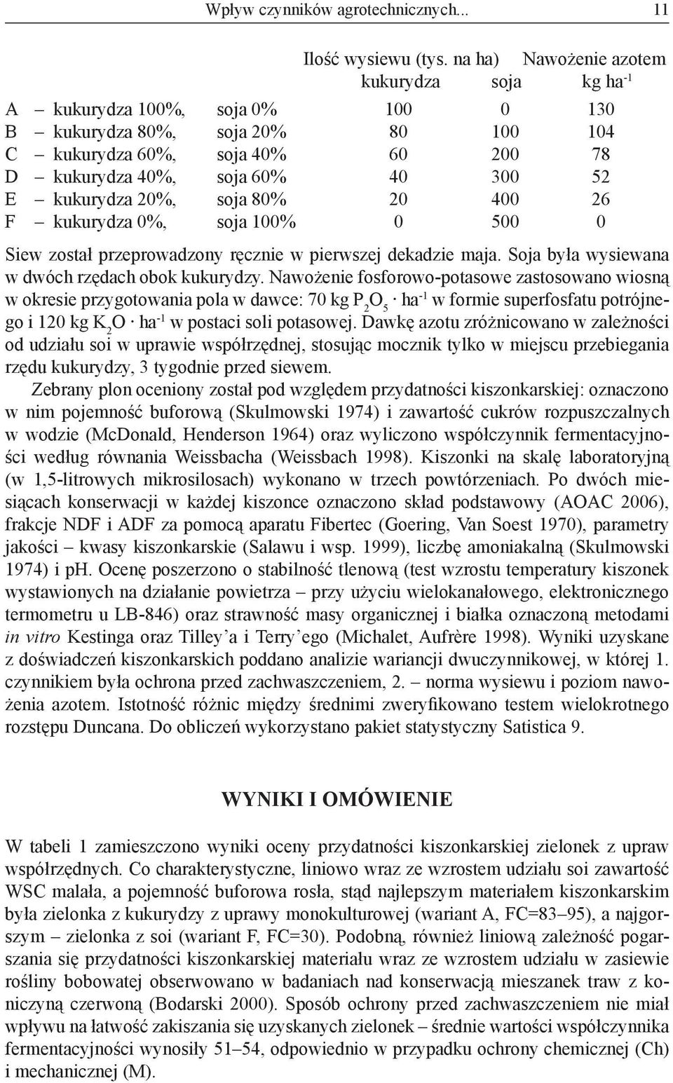 kukurydza 20%, soja 80% 20 400 26 F kukurydza 0%, soja 100% 0 500 0 Siew został przeprowadzony ręcznie w pierwszej dekadzie maja. Soja była wysiewana w dwóch rzędach obok kukurydzy.