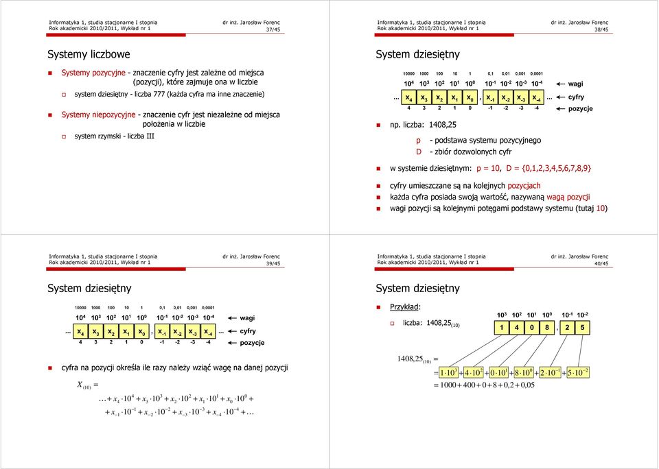 liczba: 8,5 p - podstawa systemu pozycyjnego D - zbiór dozwolonych cyfr w systemie dziesiętnym: p =, D = {,,,,,5,6,7,8,9} cyfry umieszczane są na kolejnych pozycjach każda cyfra posiada swoją