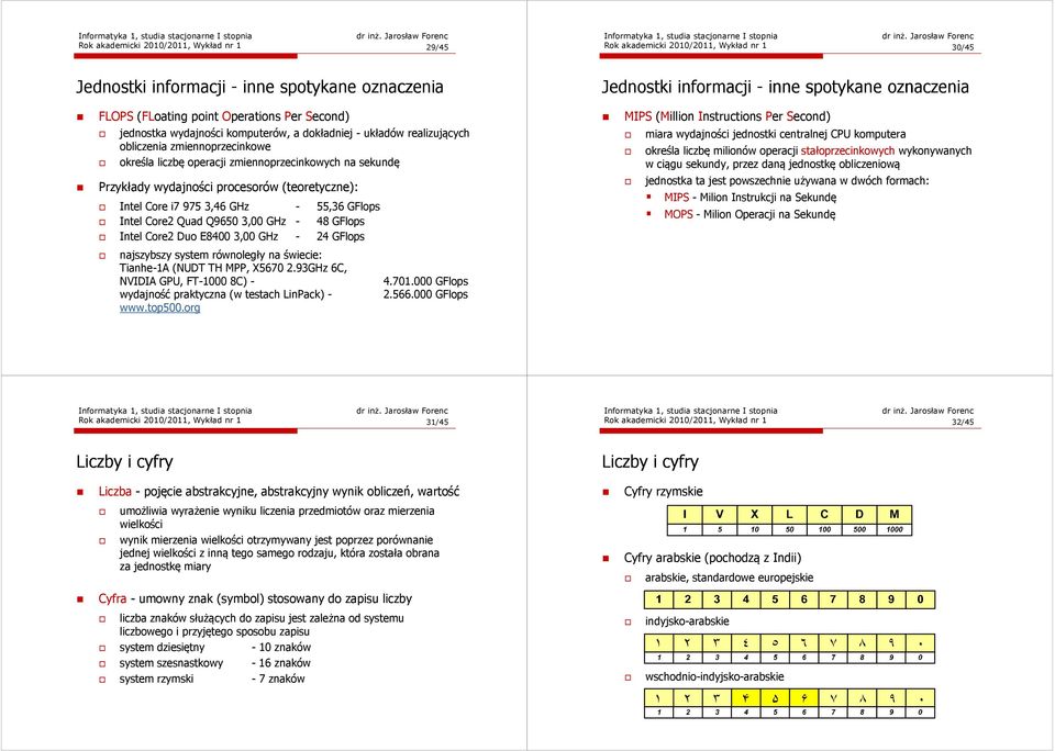 (teoretyczne): Intel Core i7 975,6 GHz - 55,6 GFlops Intel Core Quad Q965, GHz - 8 GFlops Intel Core Duo E8, GHz - GFlops MIPS (Million Instructions Per Second) miara wydajności jednostki centralnej