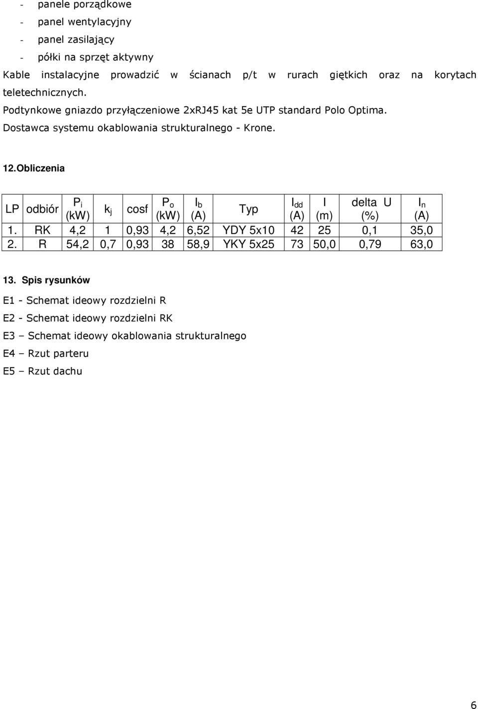 Obliczenia P LP odbiór i P k (kw) j cosf o I b I Typ dd I delta U I n (kw) (A) (A) (m) (%) (A) 1. RK 4,2 1 0,93 4,2 6,52 YDY 5x10 42 25 0,1 35,0 2.