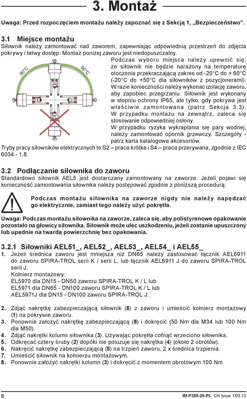 Podczas wyboru miejsca należy upewnić się, że siłownik nie będzie narażony na temperaturę otoczenia przekraczającą zakres od -20 C do + 60 C (-20 C do +50 C dla siłowników z pozycjonerami).