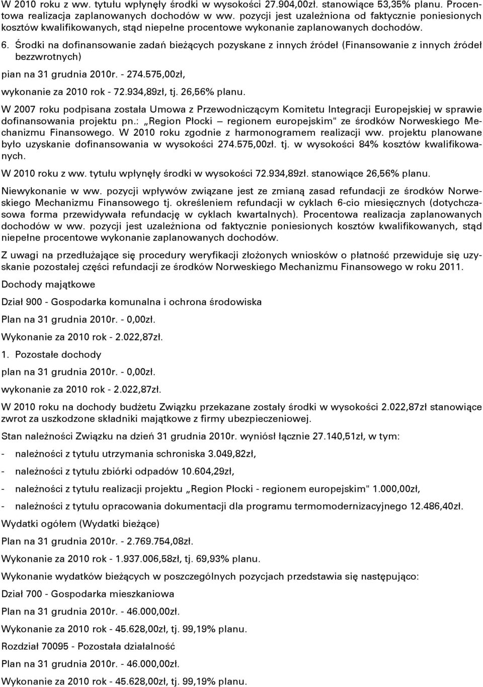 Środki na dofinansowanie zadań bieżących pozyskane z innych źródeł (Finansowanie z innych źródeł bezzwrotnych) pian na 31 grudnia 2010r. - 274.575,00zł, wykonanie za 2010 rok - 72.934,89zł, tj.