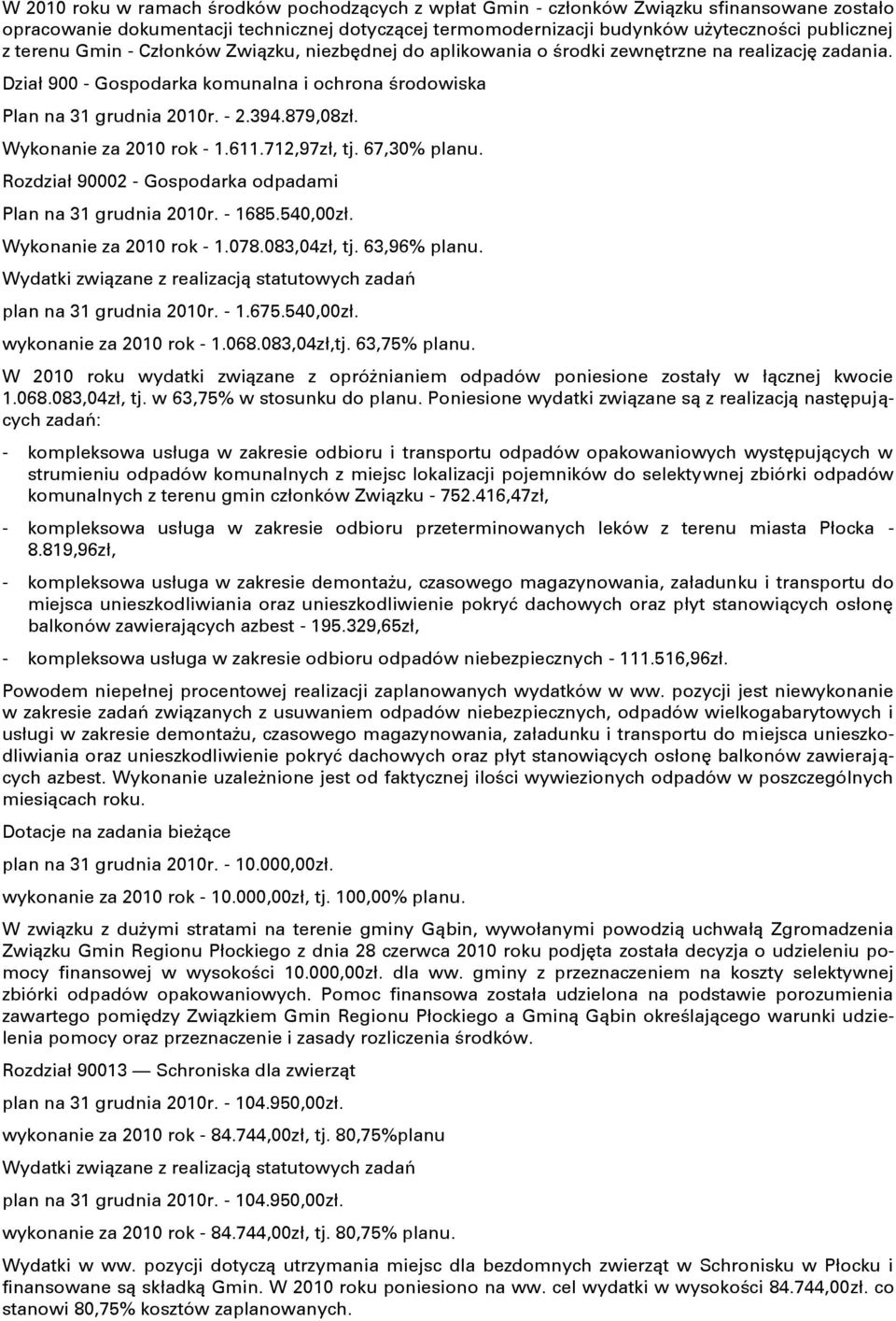 Wykonanie za 2010 rok - 1.611.712,97zł, tj. 67,30% planu. Rozdział 90002 - Gospodarka odpadami Plan na 31 grudnia 2010r. - 1685.540,00zł. Wykonanie za 2010 rok - 1.078.083,04zł, tj. 63,96% planu.