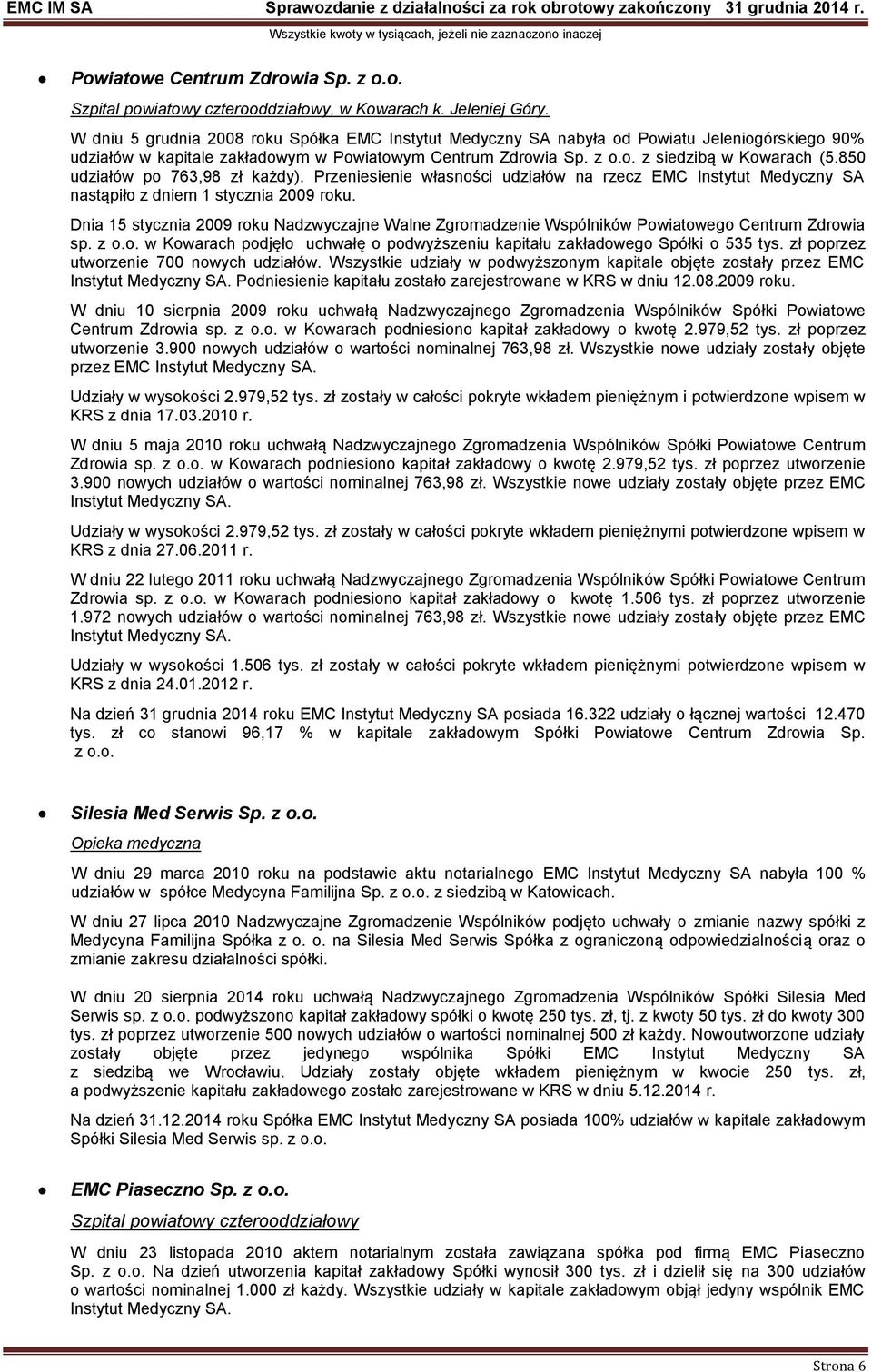 850 udziałów po 763,98 zł każdy). Przeniesienie własności udziałów na rzecz EMC Instytut Medyczny SA nastąpiło z dniem 1 stycznia 2009 roku.