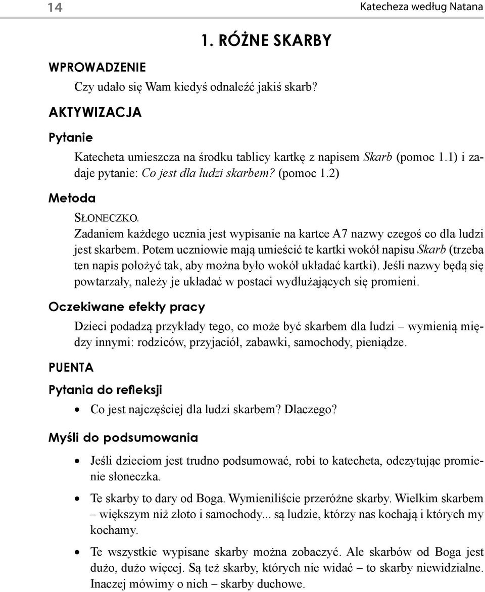 Potem uczniowie mają umieścić te kartki wokół napisu Skarb (trzeba ten napis położyć tak, aby można było wokół układać kartki).