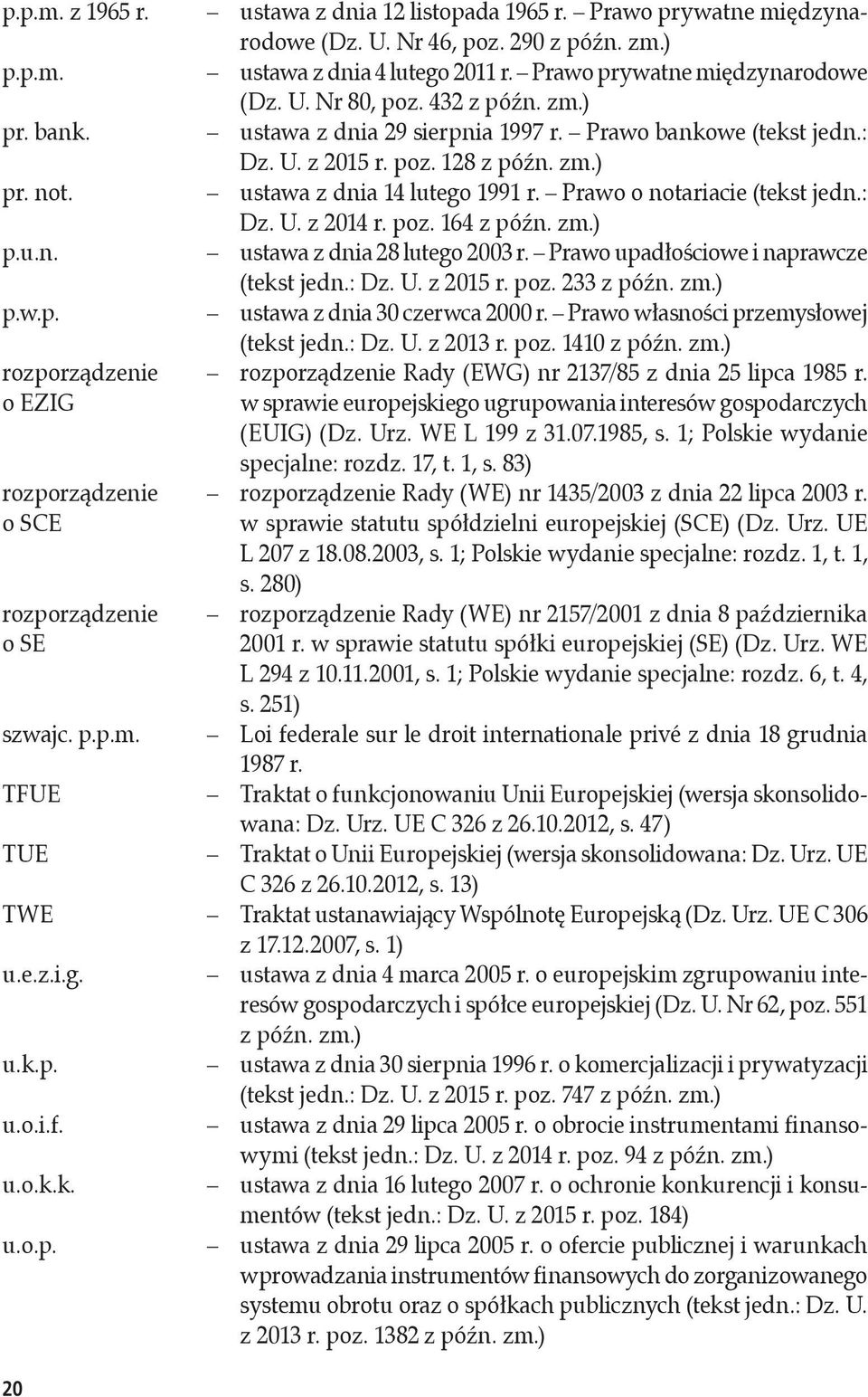 : Dz. U. z 2014 r. poz. 164 z późn. zm.) p.u.n. ustawa z dnia 28 lutego 2003 r. Prawo upadłościowe i naprawcze (tekst jedn.: Dz. U. z 2015 r. poz. 233 z późn. zm.) p.w.p. ustawa z dnia 30 czerwca 2000 r.