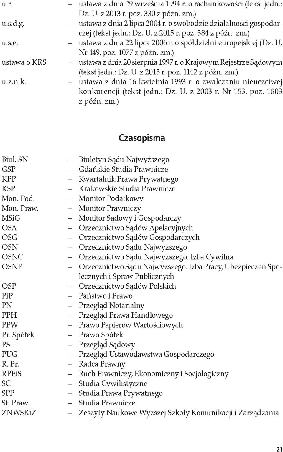 o Krajowym Rejestrze Sądowym (tekst jedn.: Dz. U. z 2015 r. poz. 1142 z późn. zm.) u.z.n.k. ustawa z dnia 16 kwietnia 1993 r. o zwalczaniu nieuczciwej konkurencji (tekst jedn.: Dz. U. z 2003 r.