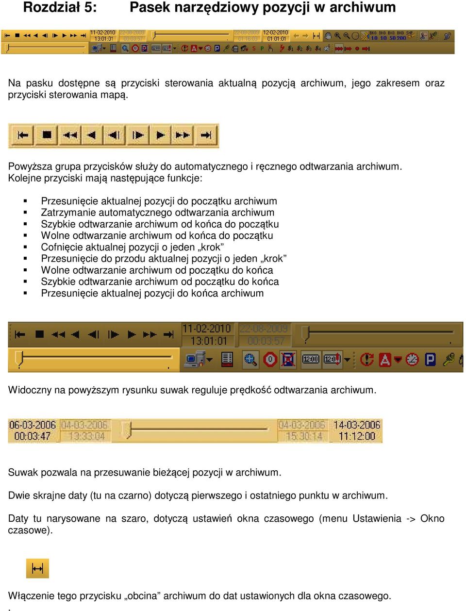 Kolejne przyciski mają następujące funkcje: Przesunięcie aktualnej pozycji do początku archiwum Zatrzymanie automatycznego odtwarzania archiwum Szybkie odtwarzanie archiwum od końca do początku Wolne