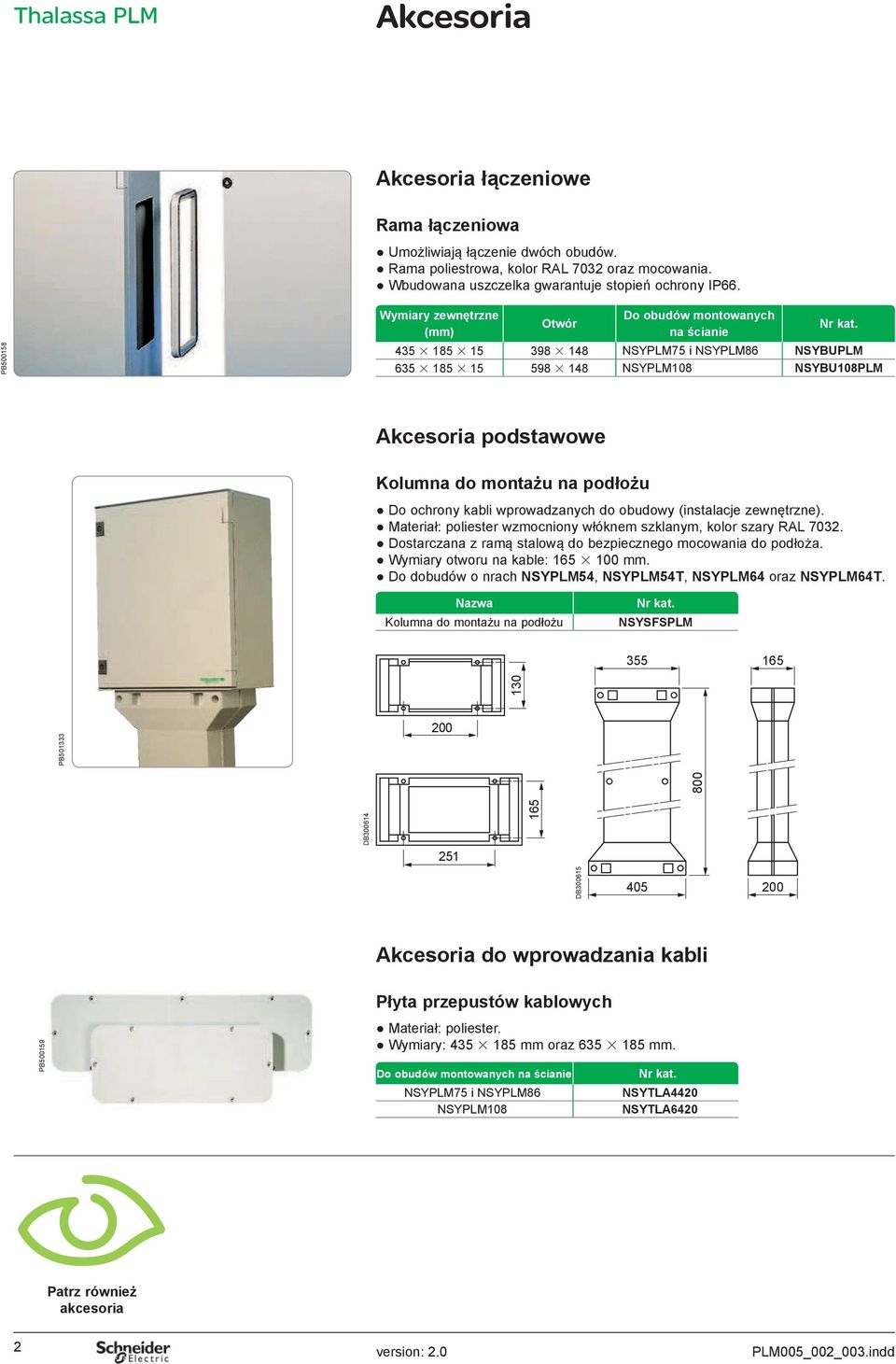 435 185 15 398 148 NSYPLM75 i NSYPLM86 NSYBUPLM 635 185 15 598 148 NSYPLM108 NSYBU108PLM Akcesoria podstawowe Kolumna do montażu na podłożu Do ochrony kabli wprowadzanych do obudowy (instalacje