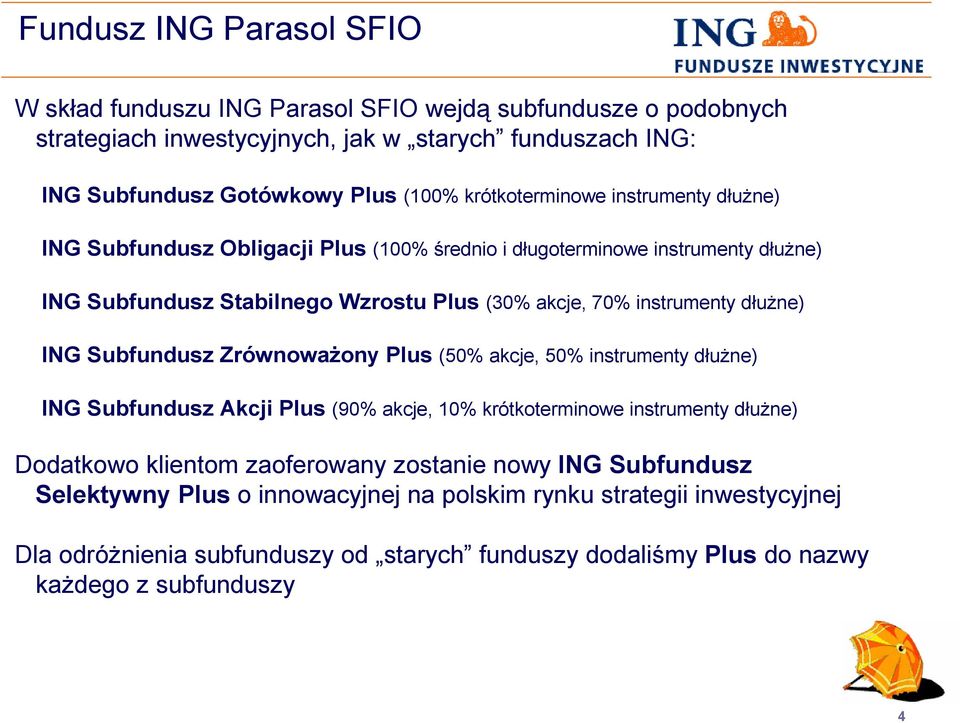 Subfundusz Zrównoważony Plus (50% akcje, 50% instrumenty dłużne) ING Subfundusz Akcji Plus (90% akcje, 10% krótkoterminowe instrumenty dłużne) Dodatkowo klientom zaoferowany