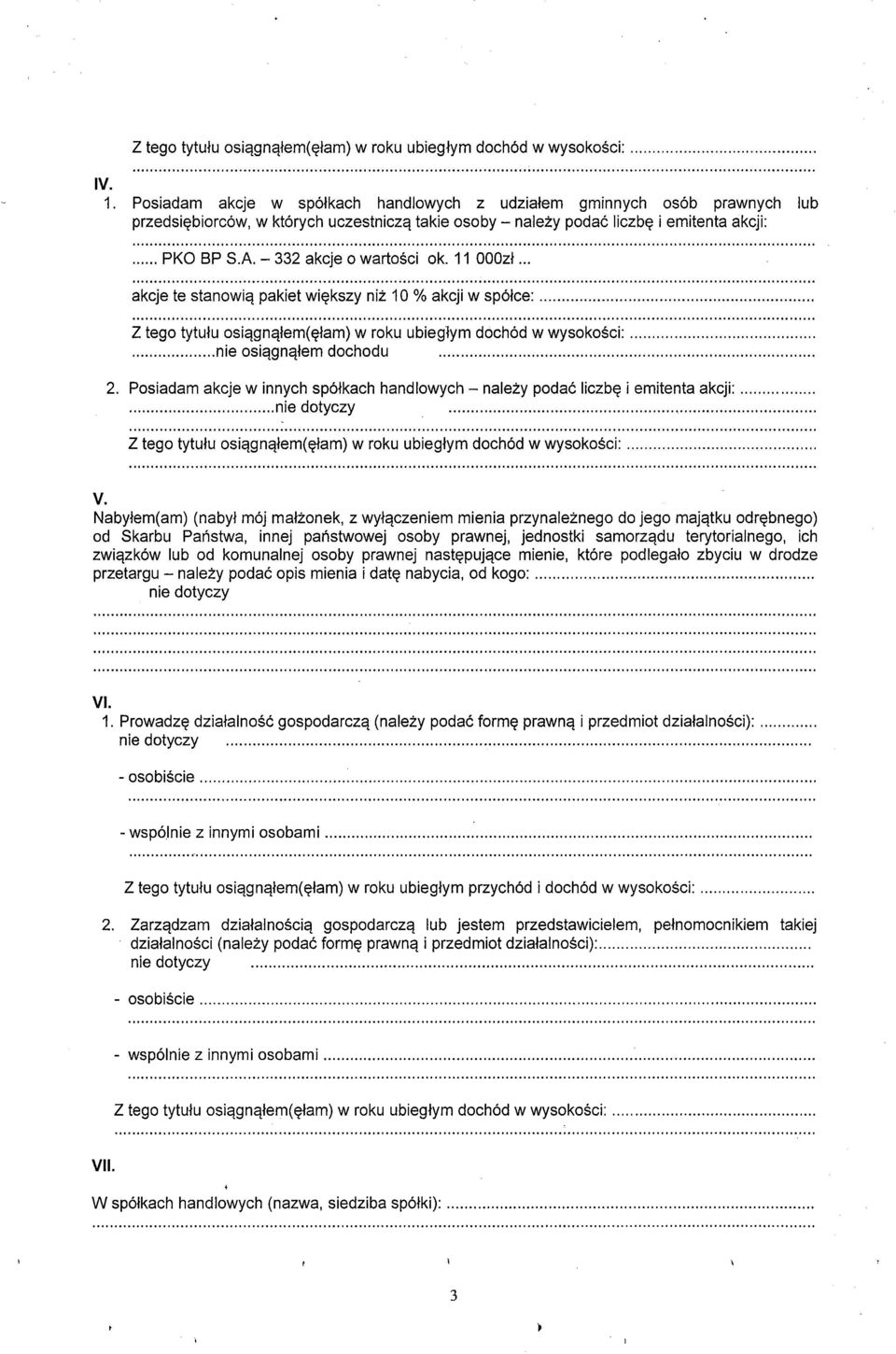 .. PKO BP SA - 332 akcje o wartości ok. 11 OOOzł... akcje te stanowią pakiet większy niż 10 % akcji w spółce:.... nie osiągnąłem dochodu. 2.