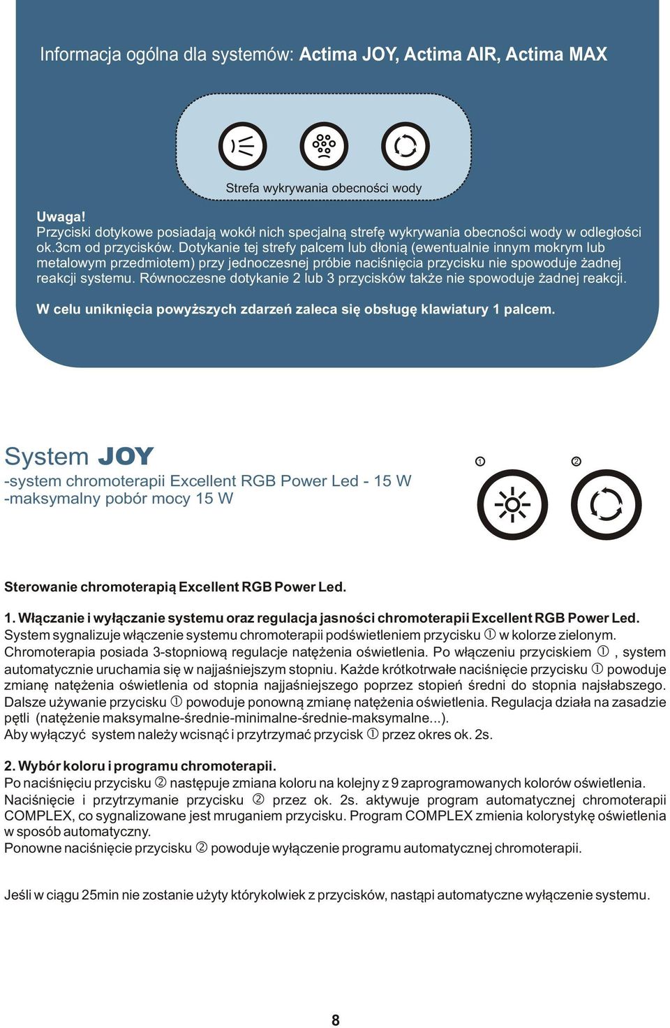 Dotykanie tej strefy palcem lub dłonią (ewentualnie innym mokrym lub metalowym przedmiotem) przy jednoczesnej próbie naciśnięcia przycisku nie spowoduje żadnej reakcji systemu.