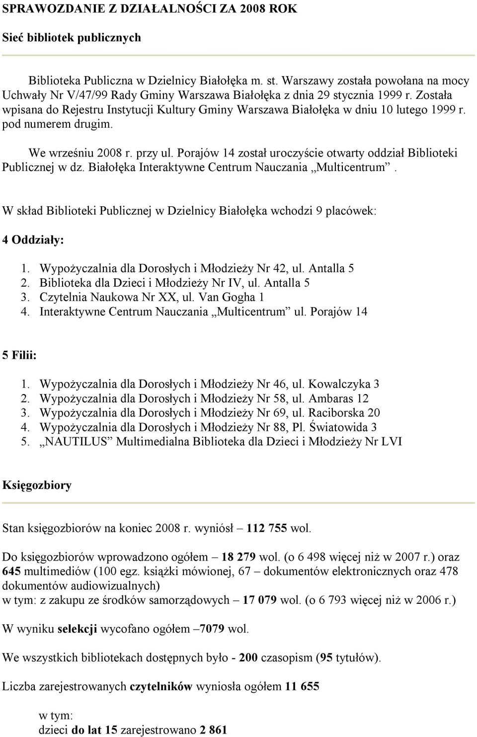 Została wpisana do Rejestru Instytucji Kultury Gminy Warszawa Białołęka w dniu 10 lutego 1999 r. pod numerem drugim. We wrześniu 2008 r. przy ul.