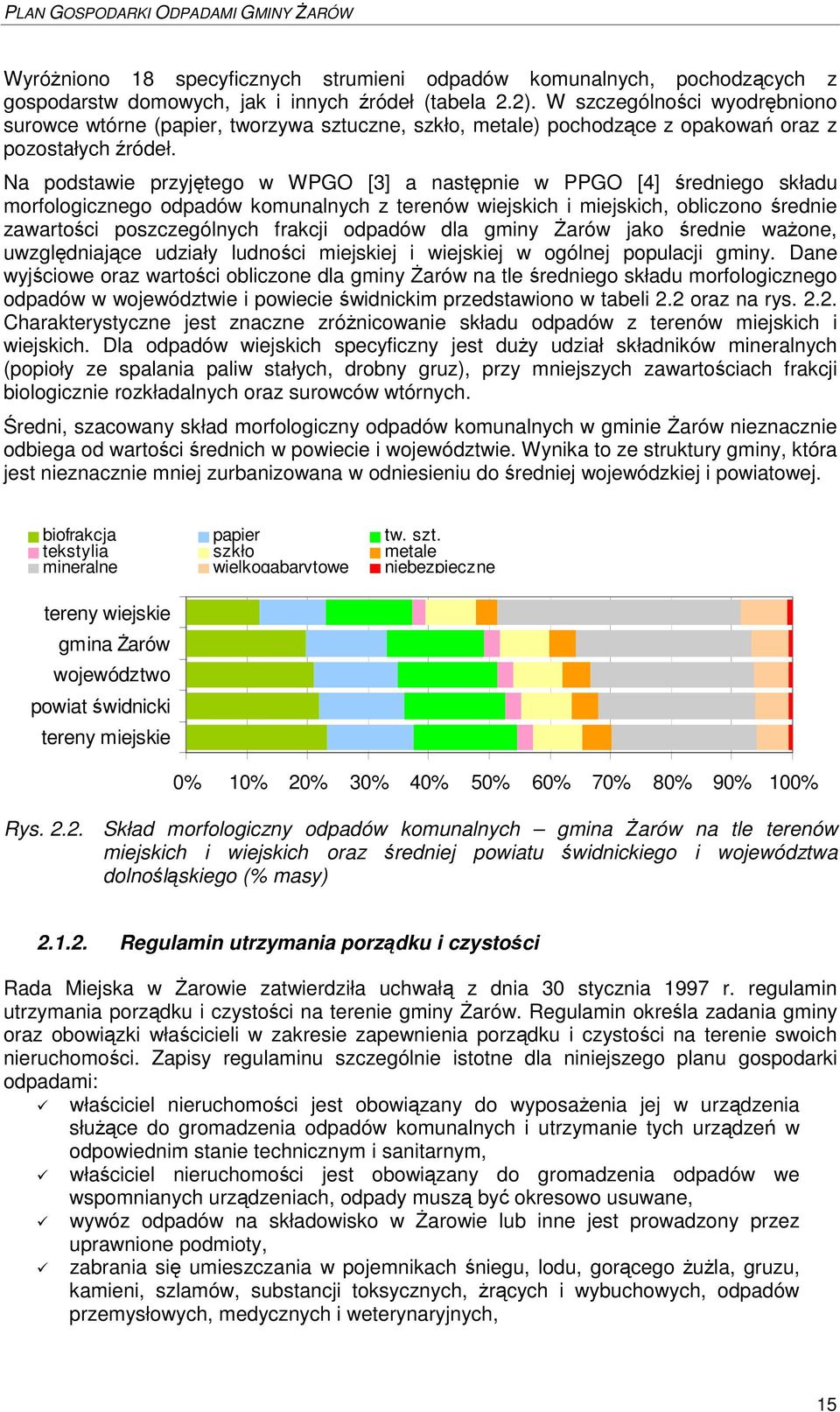 Na podstawie przyj tego w WPGO [3] a nast pnie w PPGO [4] redniego składu morfologicznego odpadów komunalnych z terenów wiejskich i miejskich, obliczono rednie zawartoci poszczególnych frakcji