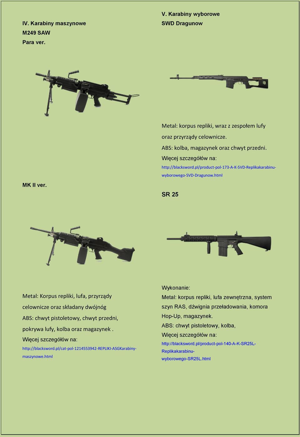 SR 25 Metal: Korpus repliki, lufa, przyrządy celownicze oraz składany dwójnóg ABS: chwyt pistoletowy, chwyt przedni, pokrywa lufy, kolba oraz magazynek. http://blacksword.