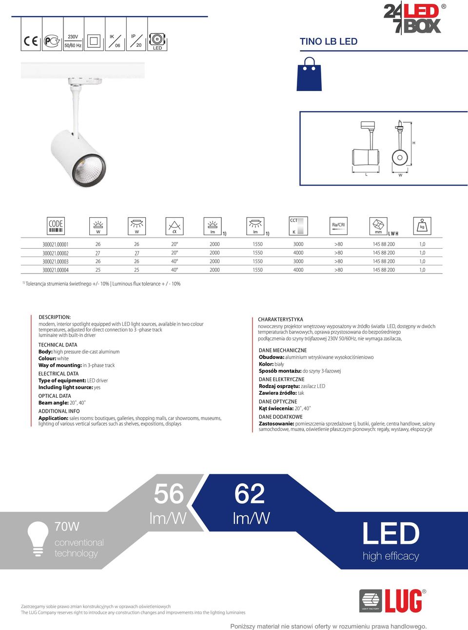 pressure die-cast aluminum Way of mounting: in 3-phase track Beam angle: 20, 40 Application: sales rooms: boutiques, galleries, shopping malls, car showrooms, museums, lighting of various vertical