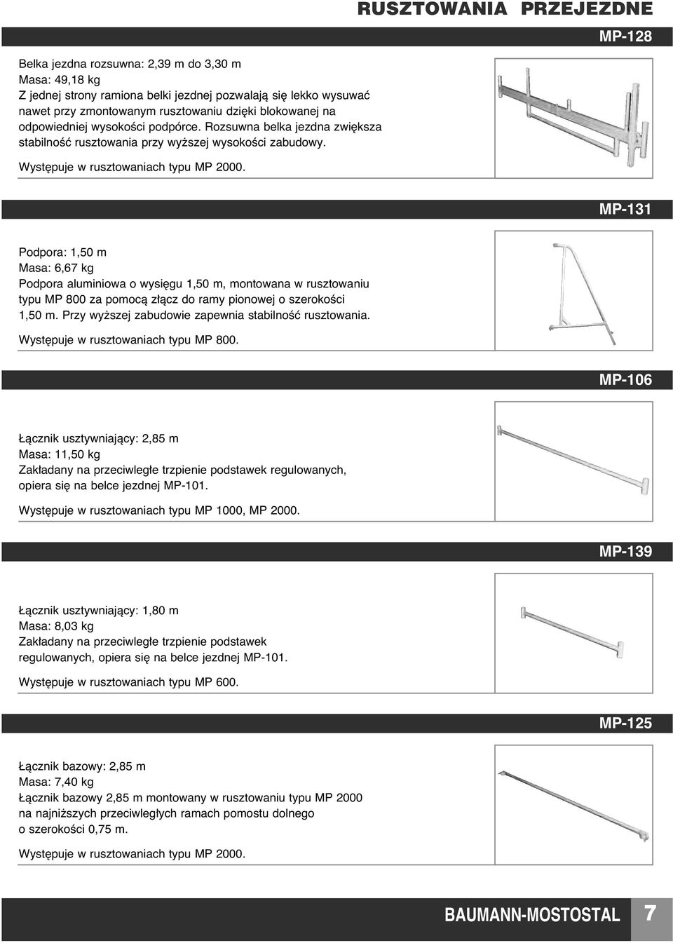 RUSZTOWANIA PRZEJEZDNE MP-128 MP-131 Podpora: 1,50 m Masa: 6,67 kg Podpora aluminiowa o wysi gu 1,50 m, montowana w rusztowaniu typu MP 800 za pomocà z àcz do ramy pionowej o szerokoêci 1,50 m.