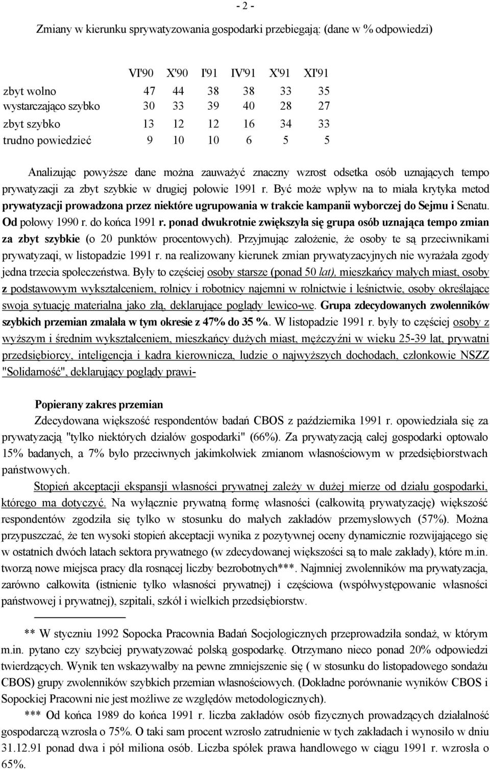 Być może wpływ na to miała krytyka metod prywatyzacji prowadzona przez niektóre ugrupowania w trakcie kampanii wyborczej do Sejmu i Senatu. Od połowy 1990 r. do końca 1991 r.