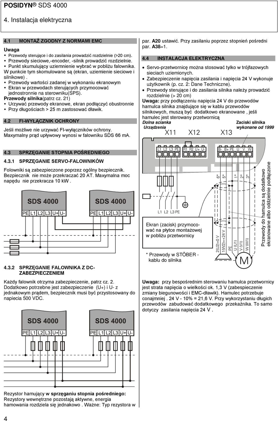 Przewody wartości zadanej w wykonaniu ekranowym Ekran w przewodach sterujących przymocować jednostronnie na sterowniku(sps). Przewody silnika(patrz cz.