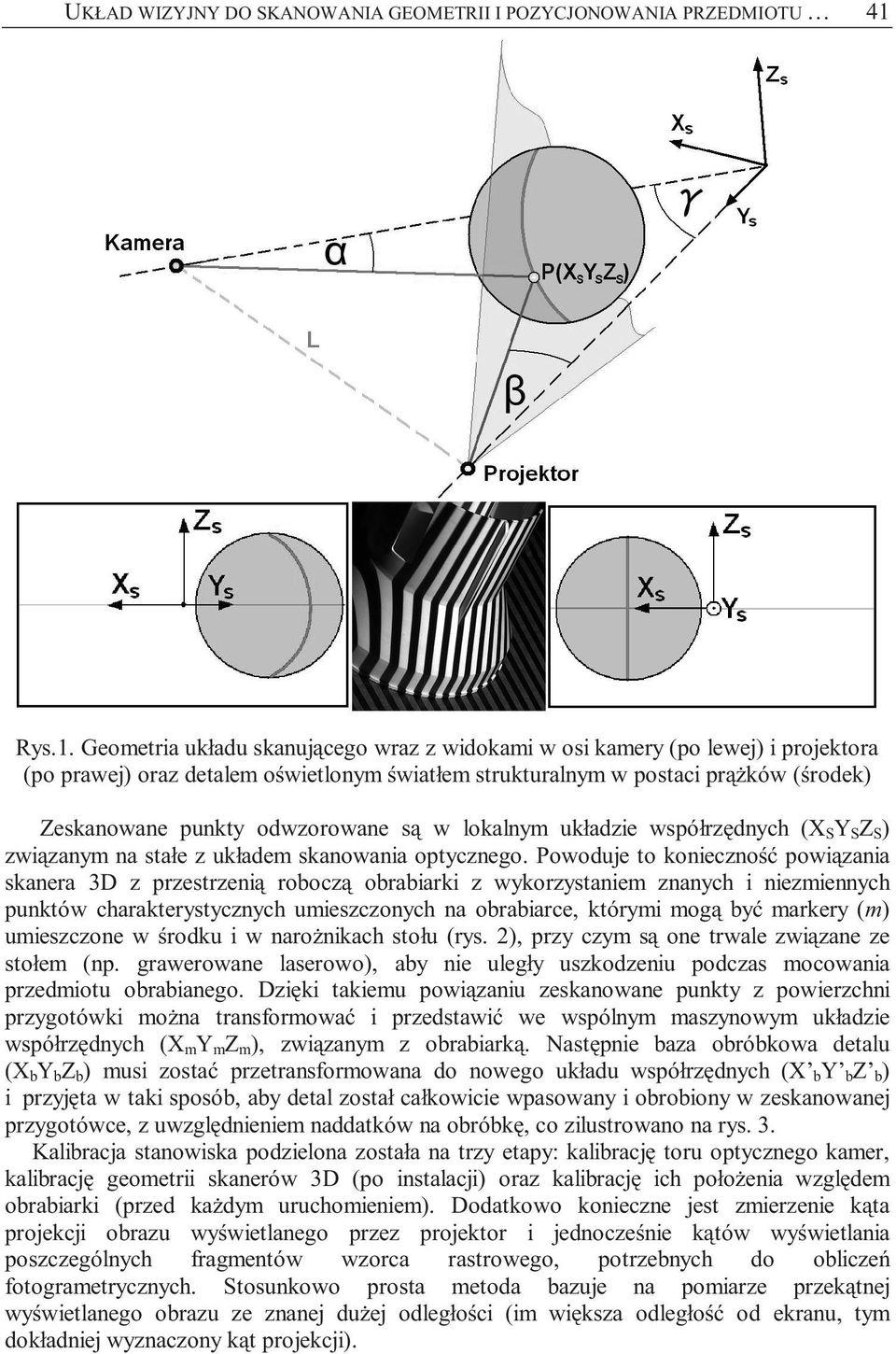 Geometria układu skanującego wraz z widokami w osi kamery (po lewej) i projektora (po prawej) oraz detalem oświetlonym światłem strukturalnym w postaci prążków (środek) Zeskanowane punkty odwzorowane