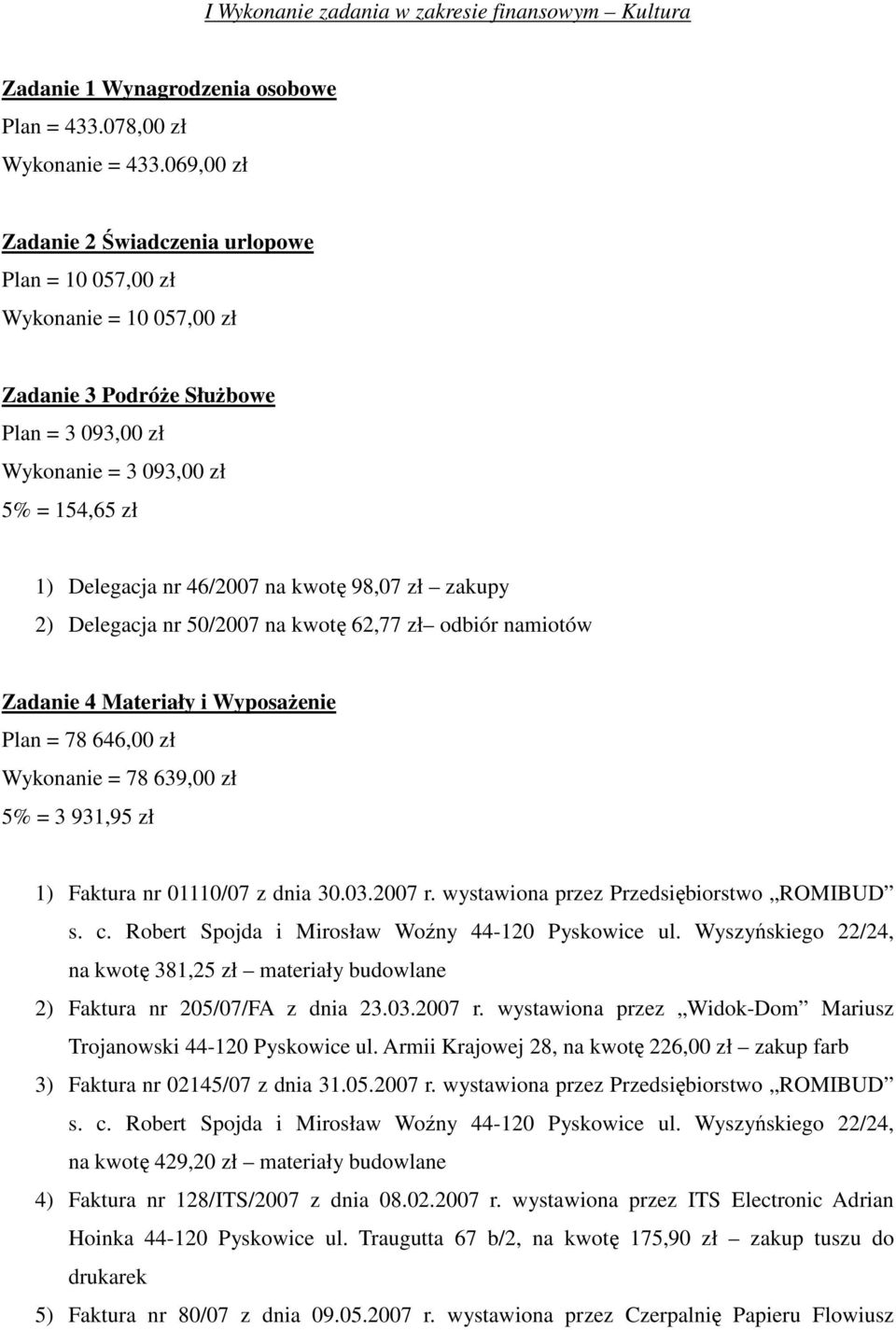 kwotę 98,07 zł zakupy 2) Delegacja nr 50/2007 na kwotę 62,77 zł odbiór namiotów Zadanie 4 Materiały i WyposaŜenie Plan = 78 646,00 zł Wykonanie = 78 639,00 zł 5% = 3 931,95 zł 1) Faktura nr 01110/07