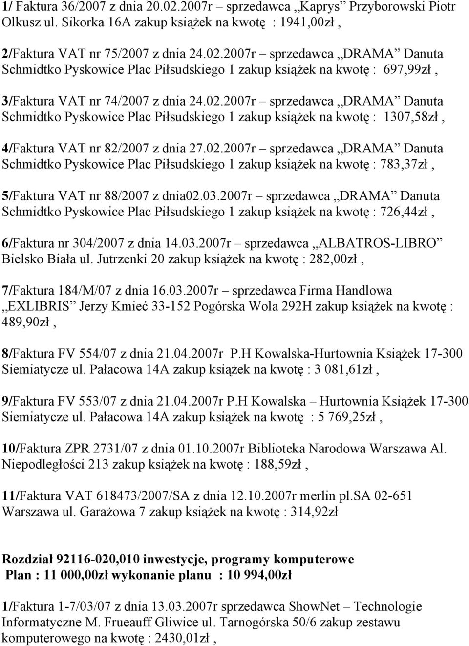 03.2007r sprzedawca DRAMA Danuta Schmidtko Pyskowice Plac Piłsudskiego 1 zakup książek na kwotę : 726,44zł, 6/Faktura nr 304/2007 z dnia 14.03.2007r sprzedawca ALBATROS-LIBRO Bielsko Biała ul.