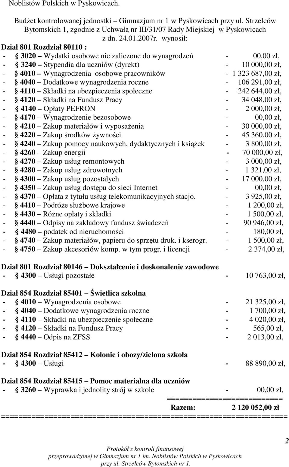 wynosił: Dział 801 Rozdział 80110 : - 3020 Wydatki osobowe nie zaliczone do wynagrodzeń - 00,00 zł, - 3240 Stypendia dla uczniów (dyrekt) - 10 000,00 zł, - 4010 Wynagrodzenia osobowe pracowników - 1