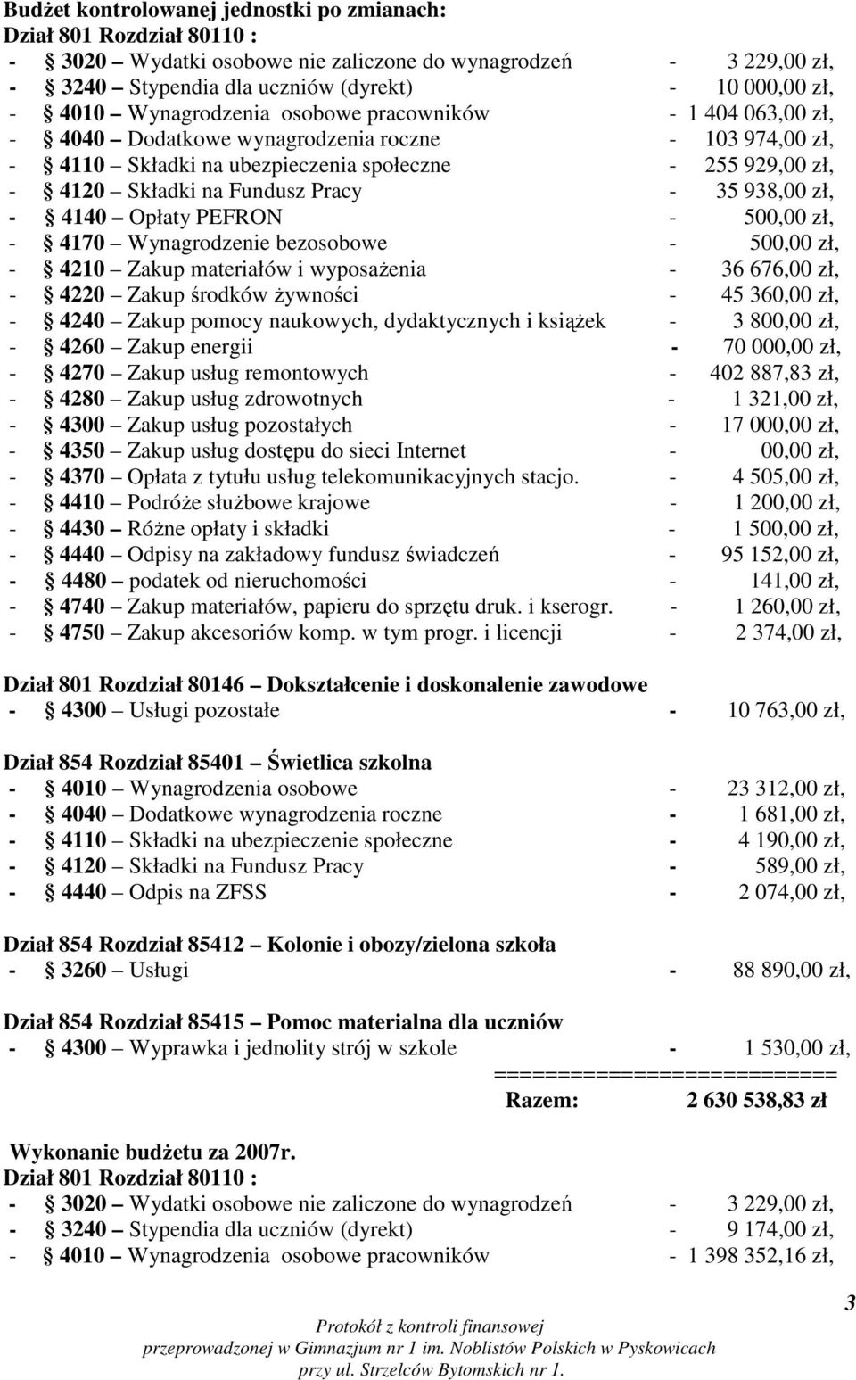 - 35 938,00 zł, - 4140 Opłaty PEFRON - 500,00 zł, - 4170 Wynagrodzenie bezosobowe - 500,00 zł, - 4210 Zakup materiałów i wyposaŝenia - 36 676,00 zł, - 4220 Zakup środków Ŝywności - 45 360,00 zł, -