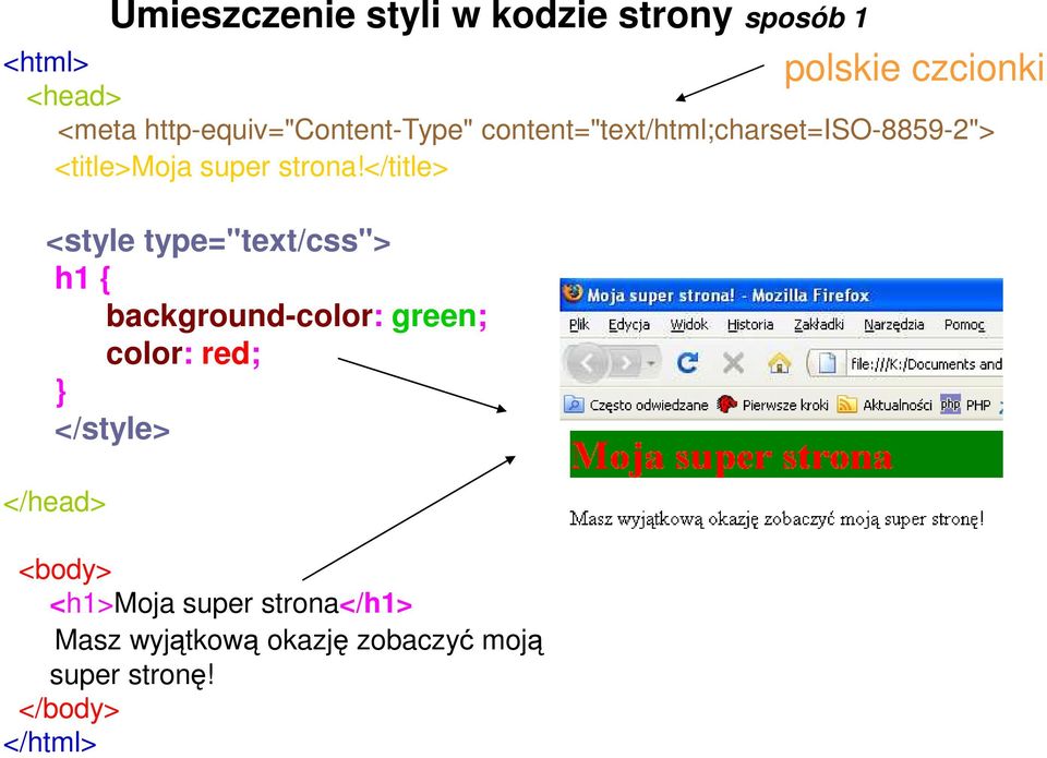 </title> <style type="text/css"> h1 { background-color: green; color: red; } </style>
