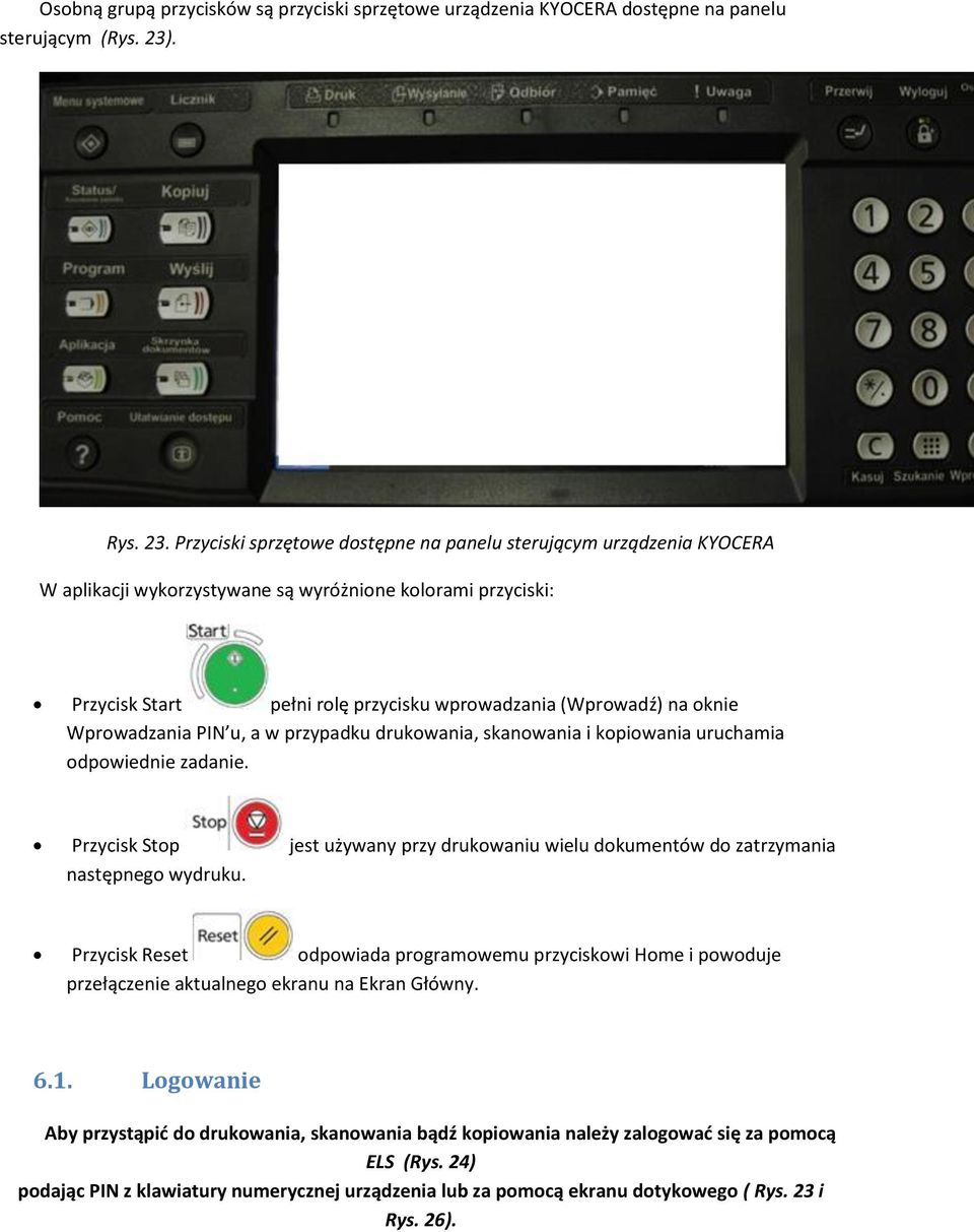 Przyciski sprzętowe dostępne na panelu sterującym urządzenia KYOCERA W aplikacji wykorzystywane są wyróżnione kolorami przyciski: Przycisk Start pełni rolę przycisku wprowadzania (Wprowadź) na oknie