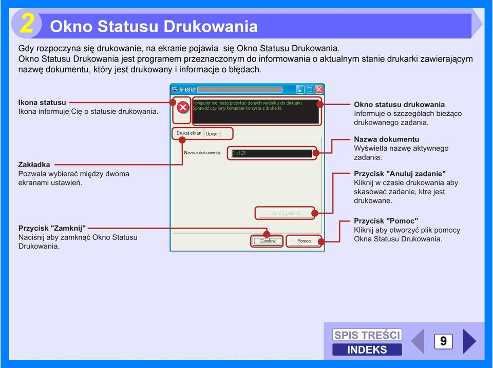 Ikona statusu Ikona informuje Cię o statusie drukowania. Zakladka Pozwala wybierać między dwoma ekranami ustawień. Przycisk "Zamknij" Naciśnij aby zamknąć Okno Statusu Drukowania.