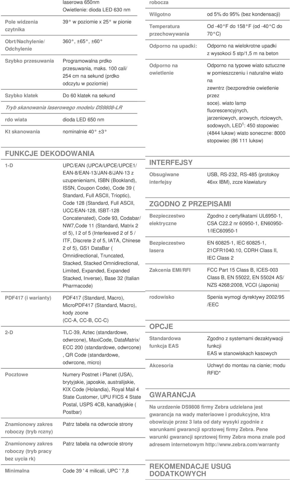 robocza Wilgotno Temperatura przechowywania Odporno na upadki: Odporno na owietlenie od 5% do 95% (bez kondensacji) Od -40 F do 158 F (od -40 C do 70 C) Odporno na wielokrotne upadki z wysokoci 5