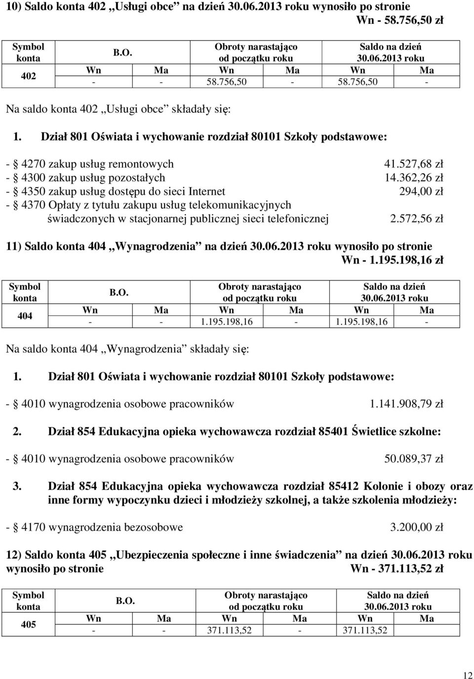 362,26 zł - 4350 zakup usług dostępu do sieci Internet 294,00 zł - 4370 Opłaty z tytułu zakupu usług telekomunikacyjnych świadczonych w stacjonarnej publicznej sieci telefonicznej 2.