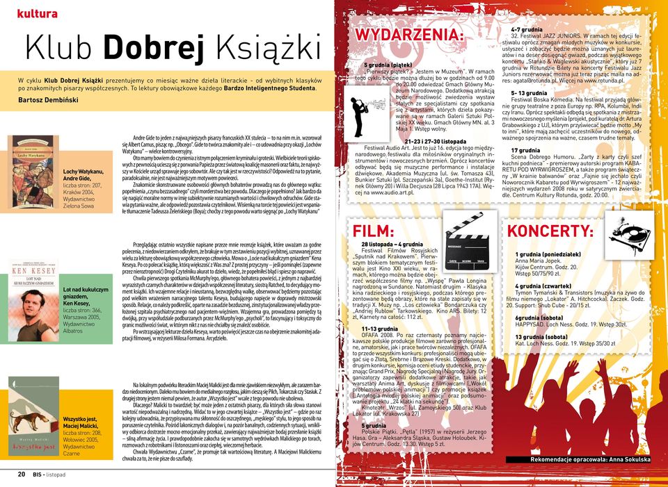 Bartosz Dembiński Lochy Watykanu, Andre Gide, liczba stron: 207, Kraków 2004, Wydawnictwo Zielona Sowa Lot nad kukułczym gniazdem, Ken Kesey, liczba stron: 366, Warszawa 2005, Wydawnictwo Albatros