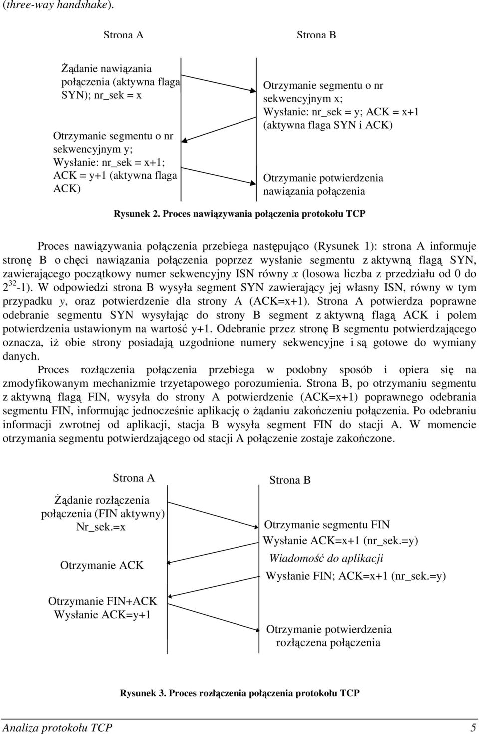 sekwencyjnym x; Wysłanie: nr_sek = y; ACK = x+1 (aktywna flaga SYN i ACK) Otrzymanie potwierdzenia nawiązania połączenia Rysunek 2.