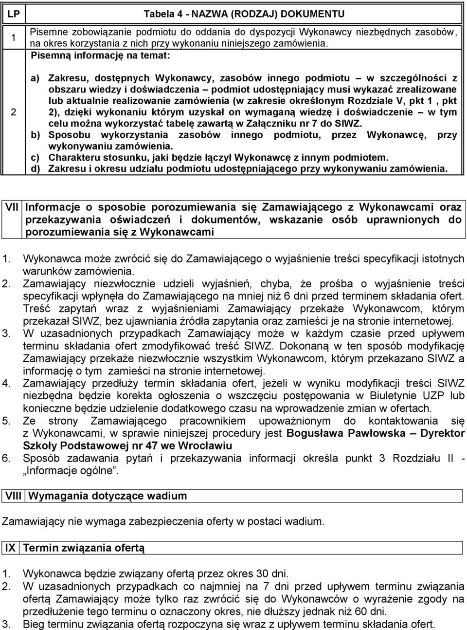 realizowanie zamówienia (w zakresie określonym Rozdziale V, pkt 1, pkt 2), dzięki wykonaniu którym uzyskał on wymaganą wiedzę i doświadczenie w tym celu można wykorzystać tabelę zawartą w Załączniku