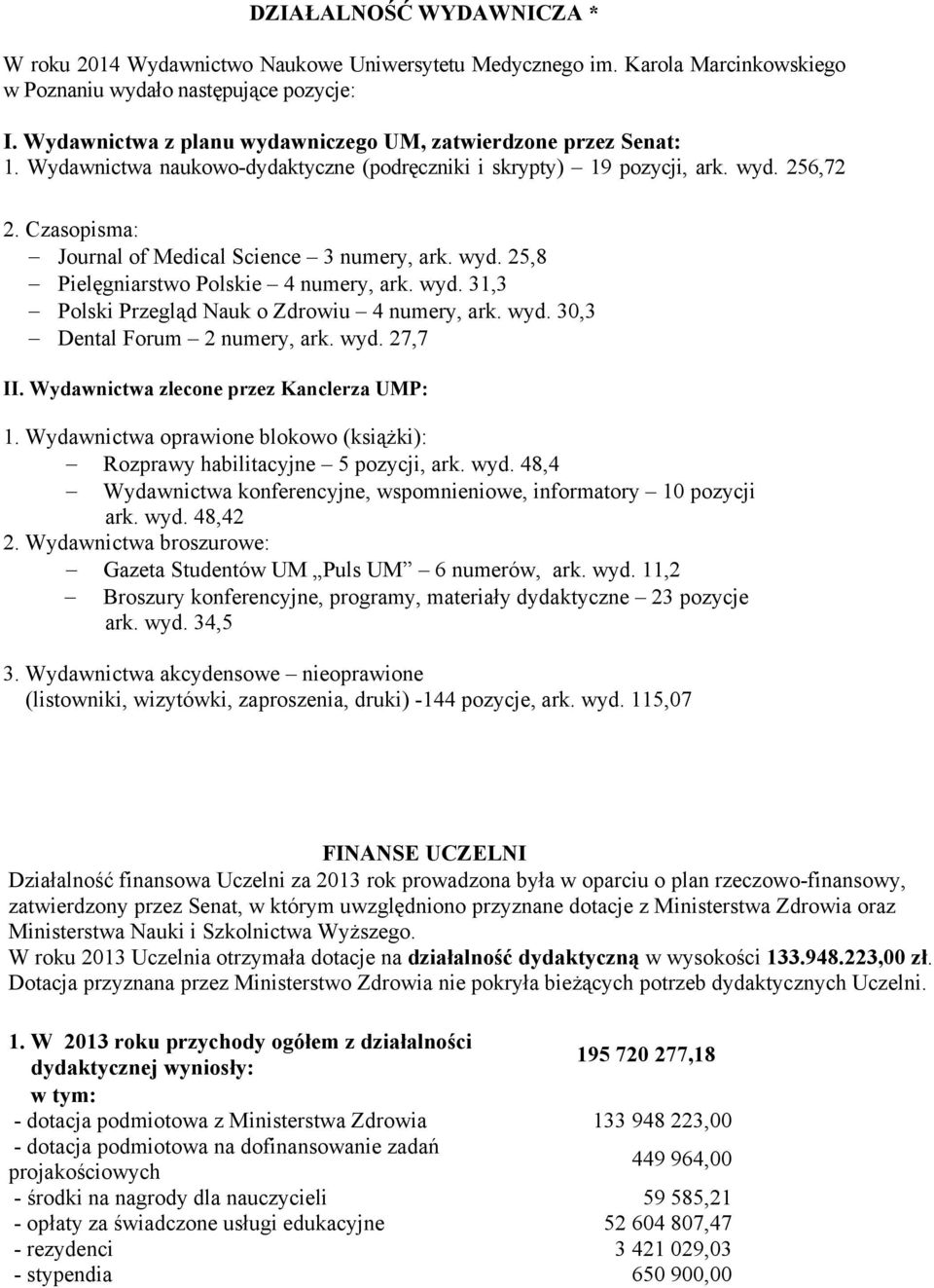 Czasopisma: Journal of Medical Science 3 numery, ark. wyd. 25,8 Pielęgniarstwo Polskie 4 numery, ark. wyd. 31,3 Polski Przegląd Nauk o Zdrowiu 4 numery, ark. wyd. 30,3 Dental Forum 2 numery, ark. wyd. 27,7 II.