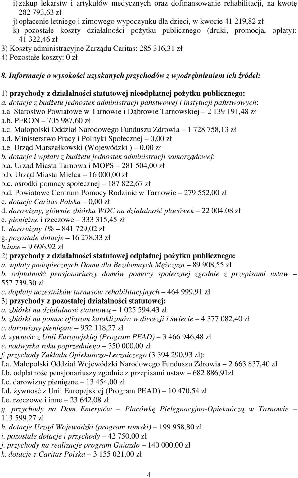 Informacje o wysokości uzyskanych przychodów z wyodrębnieniem ich źródeł: 1) przychody z działalności statutowej nieodpłatnej pożytku publicznego: a.