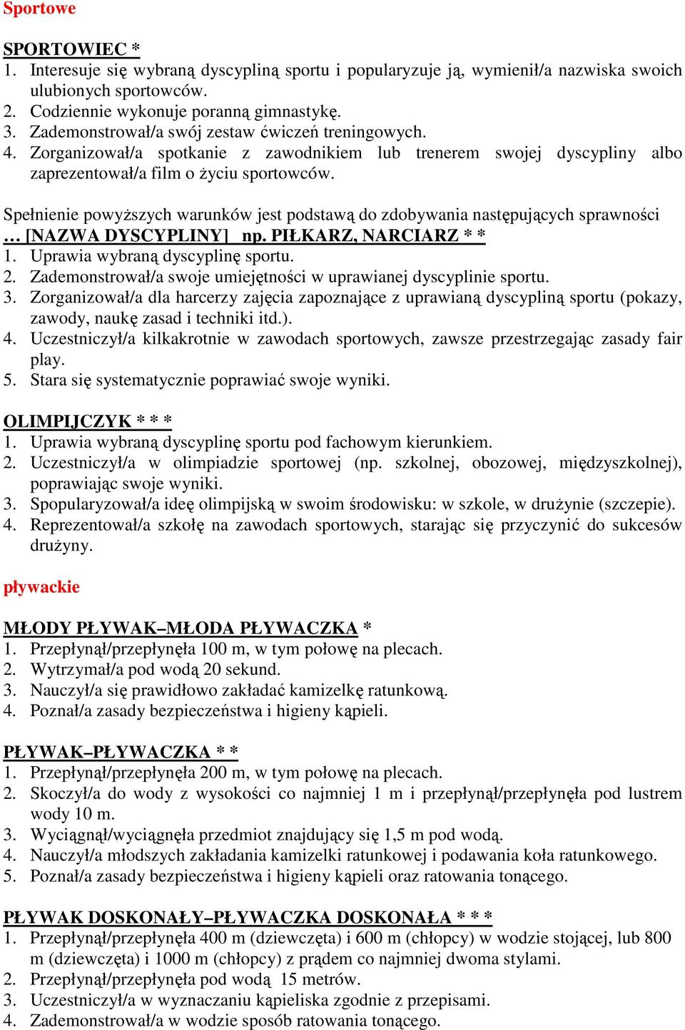 Spełnienie powyŝszych warunków jest podstawą do zdobywania następujących sprawności [NAZWA DYSCYPLINY] np. PIŁKARZ, NARCIARZ * * 1. Uprawia wybraną dyscyplinę sportu. 2.