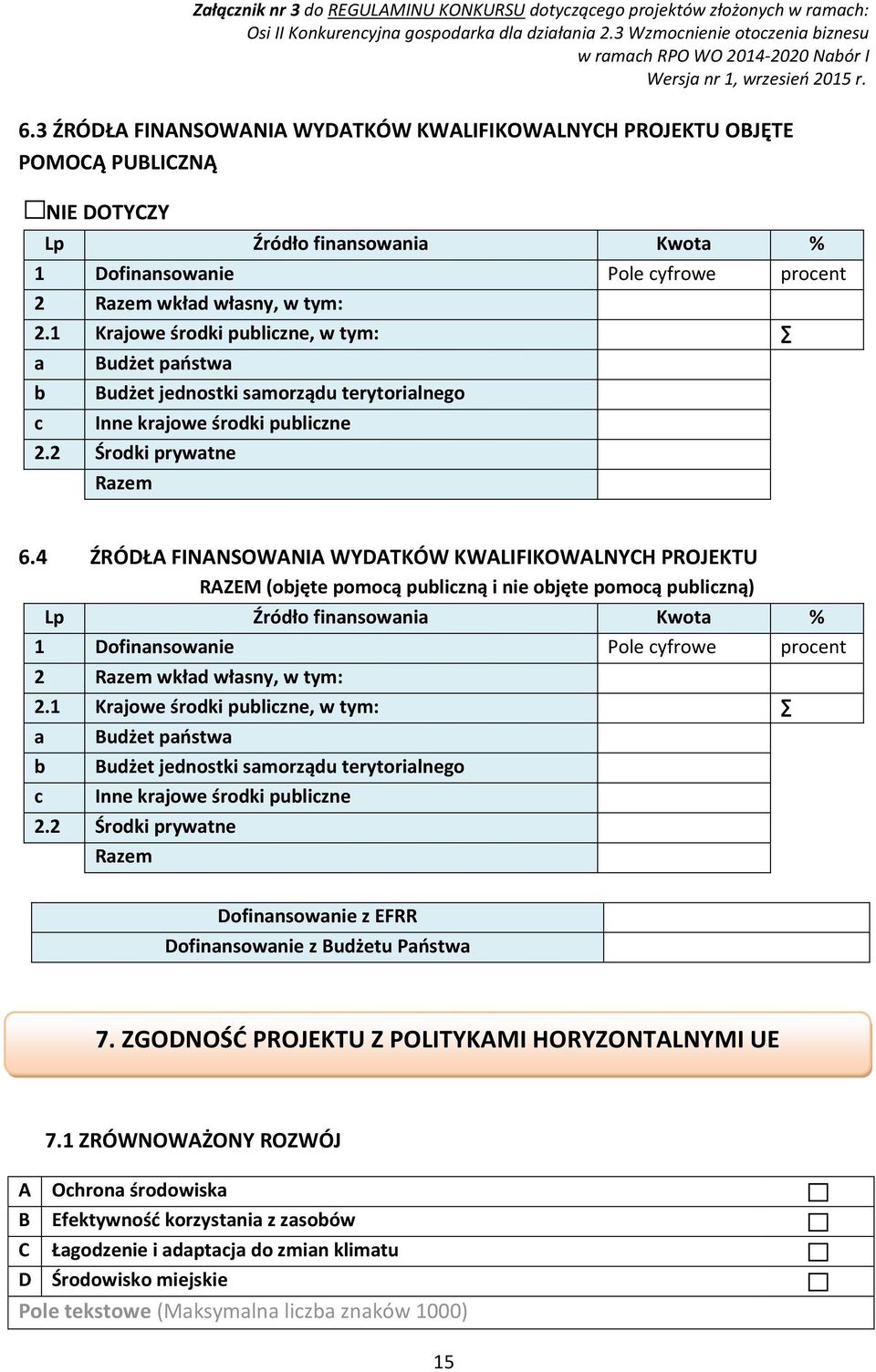 4 ŹRÓDŁA FINANSOWANIA WYDATKÓW KWALIFIKOWALNYCH PROJEKTU RAZEM (objęte pomocą publiczną i nie objęte pomocą publiczną) Lp Źródło finansowania Kwota % 1 Dofinansowanie procent 2 Razem wkład własny, w