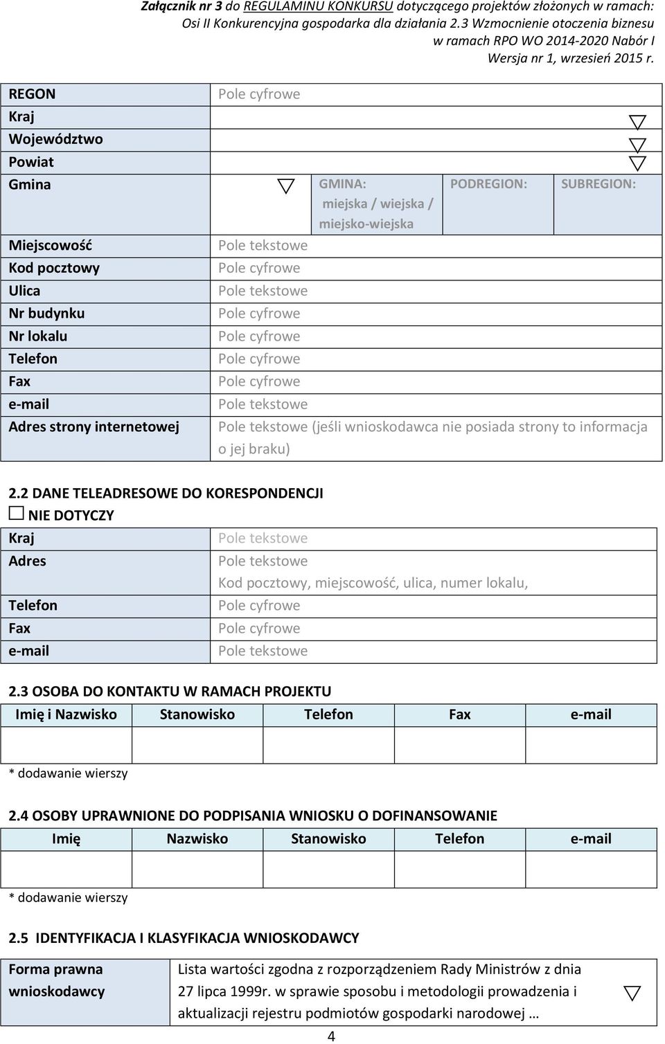 3 OSOBA DO KONTAKTU W RAMACH PROJEKTU Imię i Nazwisko Stanowisko Telefon Fax e-mail * dodawanie wierszy 2.