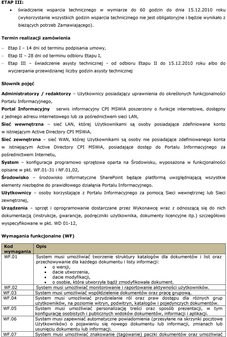 Termin realizacji zamówienia Etap I 14 dni od terminu podpisania umowy, Etap II 28 dni od terminu odbioru Etapu I, Etap III świadczenie asysty technicznej - od odbioru Etapu II do 15.12.