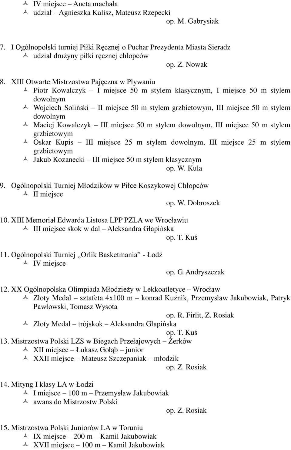 XIII Otwarte Mistrzostwa Pajęczna w Pływaniu Piotr Kowalczyk I miejsce 50 m stylem klasycznym, I miejsce 50 m stylem dowolnym Wojciech Soliński II miejsce 50 m stylem grzbietowym, III miejsce 50 m