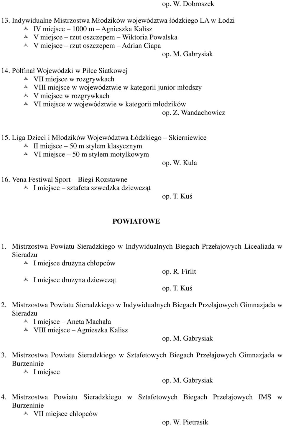 Półfinał Wojewódzki w Piłce Siatkowej VII miejsce w rozgrywkach VIII miejsce w województwie w kategorii junior młodszy V miejsce w rozgrywkach VI miejsce w województwie w kategorii młodzików op. Z.
