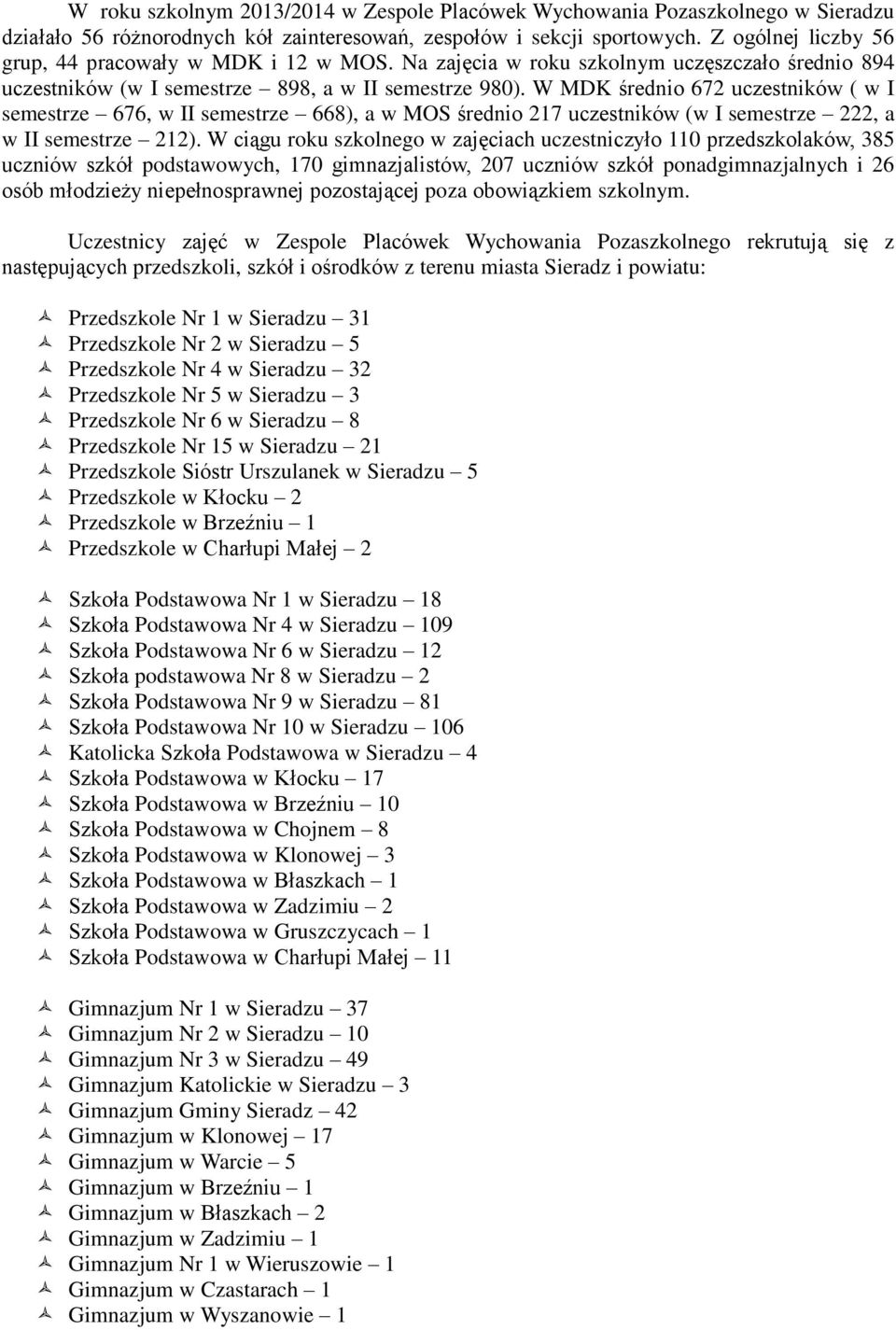 W MDK średnio 672 uczestników ( w I semestrze 676, w II semestrze 668), a w MOS średnio 217 uczestników (w I semestrze 222, a w II semestrze 212).
