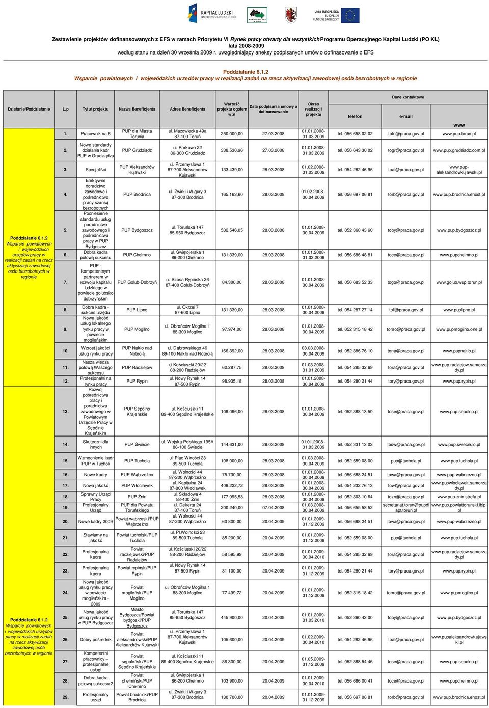 2 Wsparcie powiatowych i wojewódzkich urzędów pracy w realizacji zadań na rzecz aktywizacji zawodowej osób bezrobotnych w regionie Dane kontaktowe Działanie/Poddziałanie Poddziałanie 6.1.