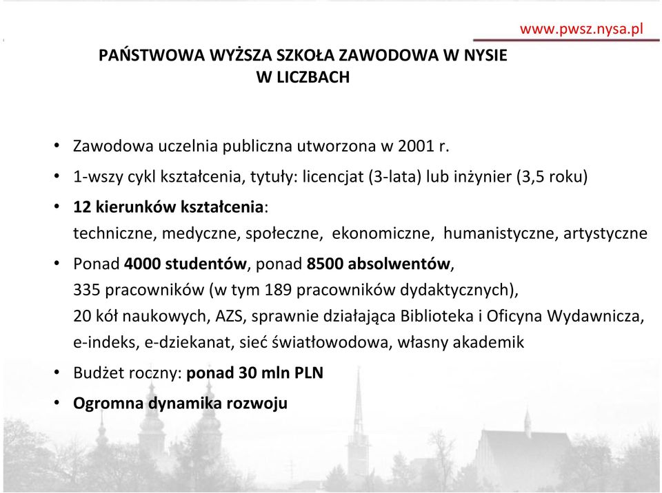 ekonomiczne, humanistyczne, artystyczne Ponad 4000 studentów, ponad 8500 absolwentów, 335 pracowników (w tym 189 pracowników dydaktycznych), 20