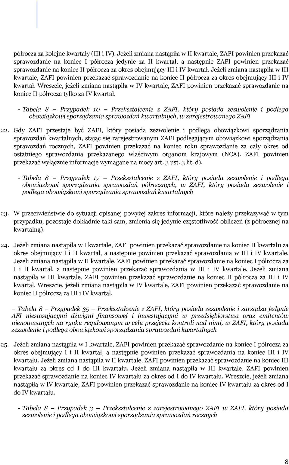 obejmujący III i IV kwartał. Jeżeli zmiana nastąpiła w III kwartale, ZAFI powinien przekazać sprawozdanie na koniec II półrocza za okres obejmujący III i IV kwartał.