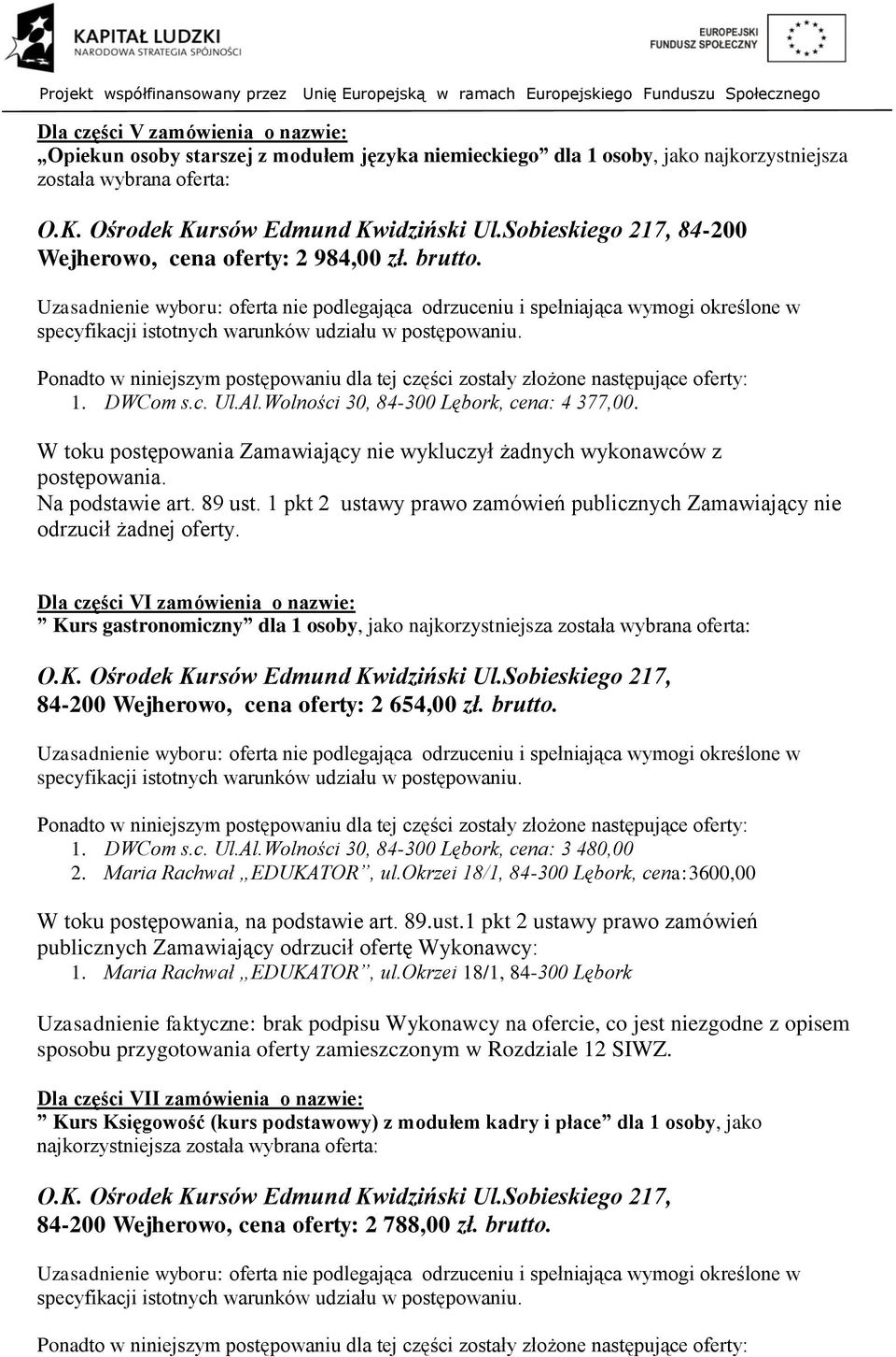 Maria Rachwał EDUKATOR, ul.okrzei 18/1, 84-300 Lębork, cena:3600,00 W toku postępowania, na podstawie art. 89.ust.1 pkt 2 ustawy prawo zamówień publicznych Zamawiający odrzucił ofertę Wykonawcy: 1.