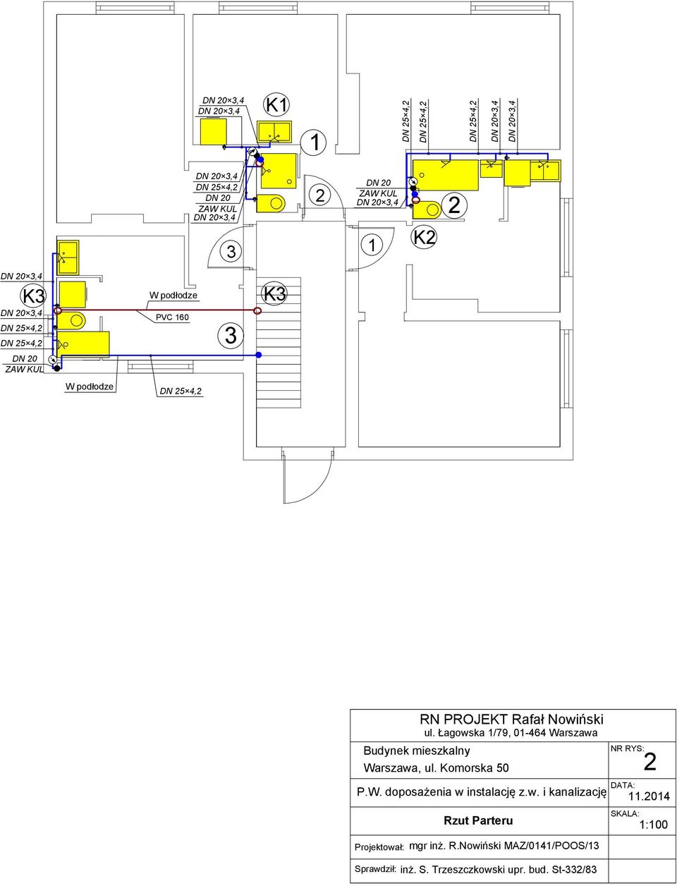 w. i kanalizację NR RYS: 2 DATA: 11.2014 SKALA: Rzut Parteru 1:100 Projektował: mgr inż. R.Nowiński MAZ/0141/POOS/13 Sprawdził: inż.